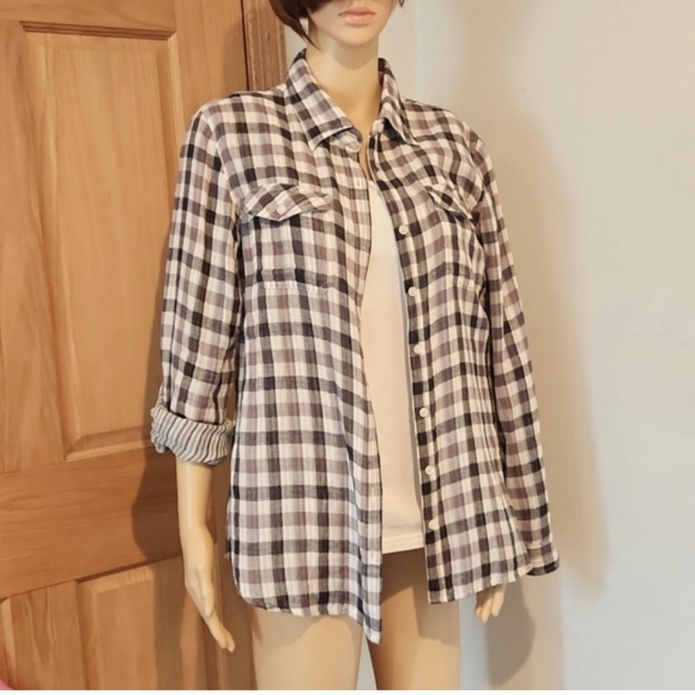 Keren Hart Black/White Cotton  Checked Blouse Womens Size Med Roll/Button Sleeve